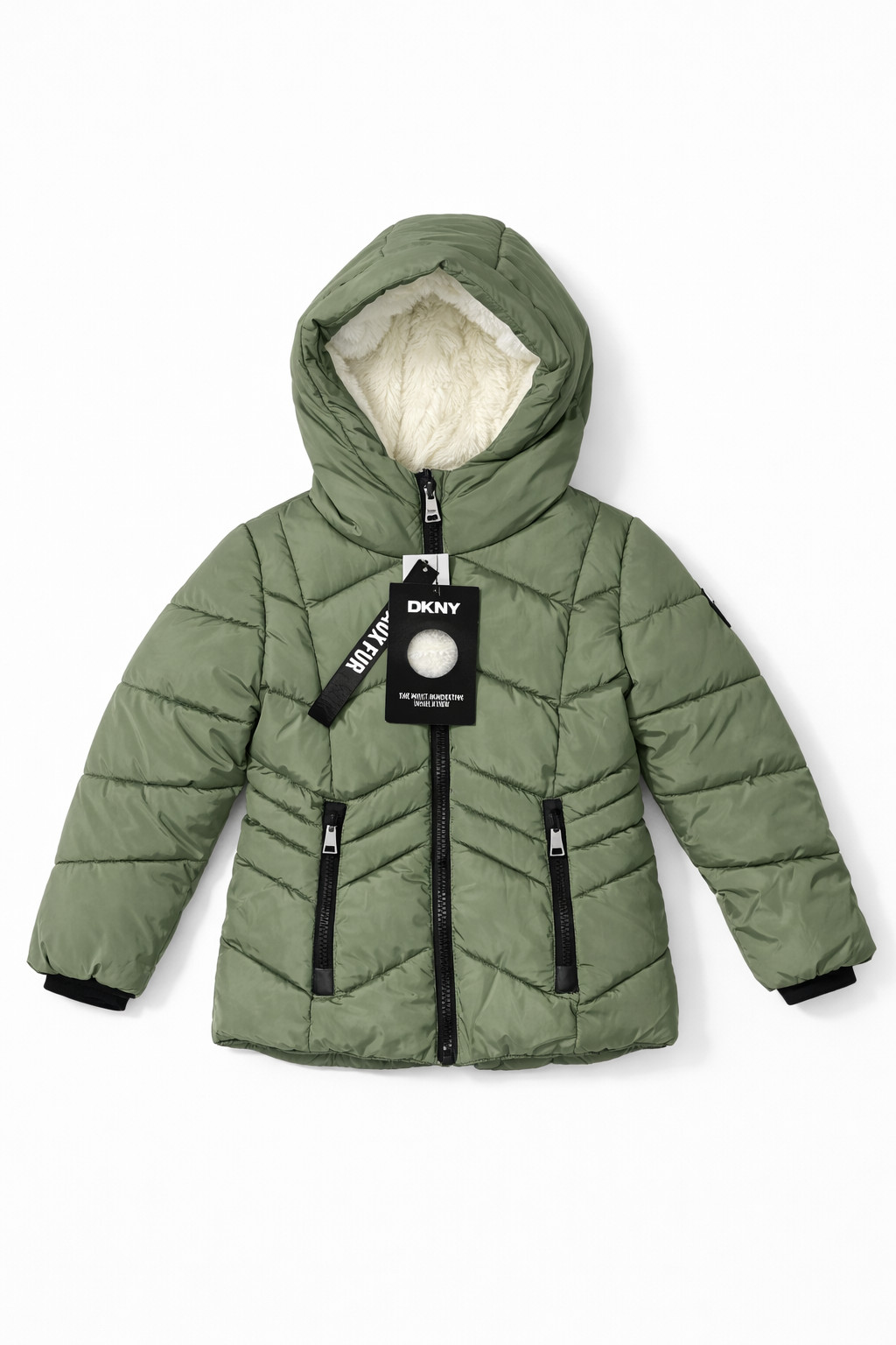 Chamarra de Invierno para Niño DKNY Verde Olivo con Gorro y Forro Afelpado Talla 5/6