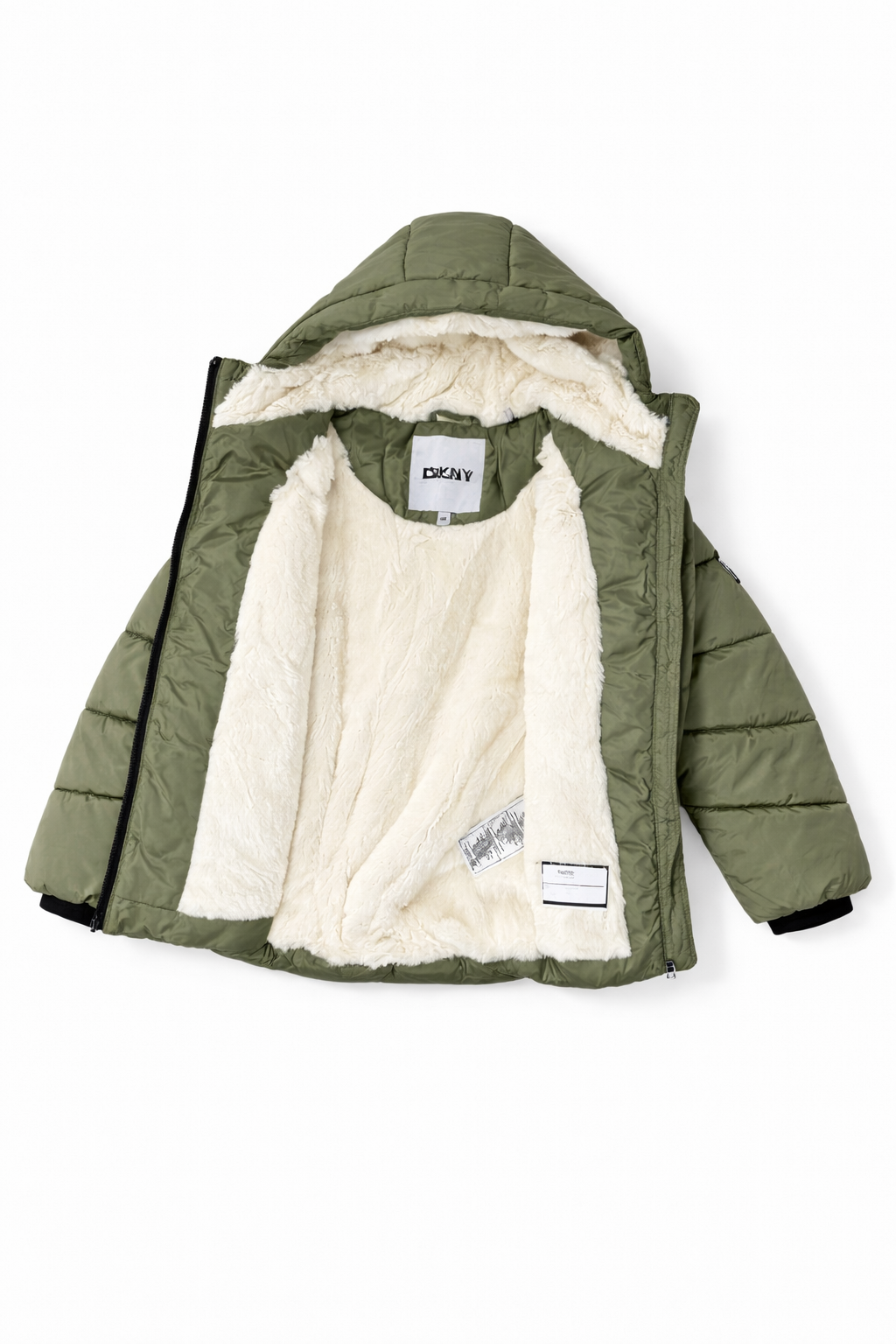 Chamarra de Invierno para Niño DKNY Verde Olivo con Gorro y Forro Afelpado Talla 5/6